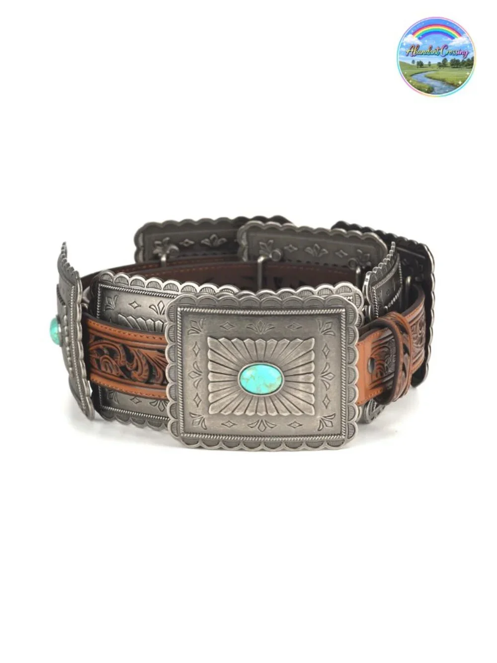 Women's Leather Western Belt with Concho Accents and Turquoise Stone Center